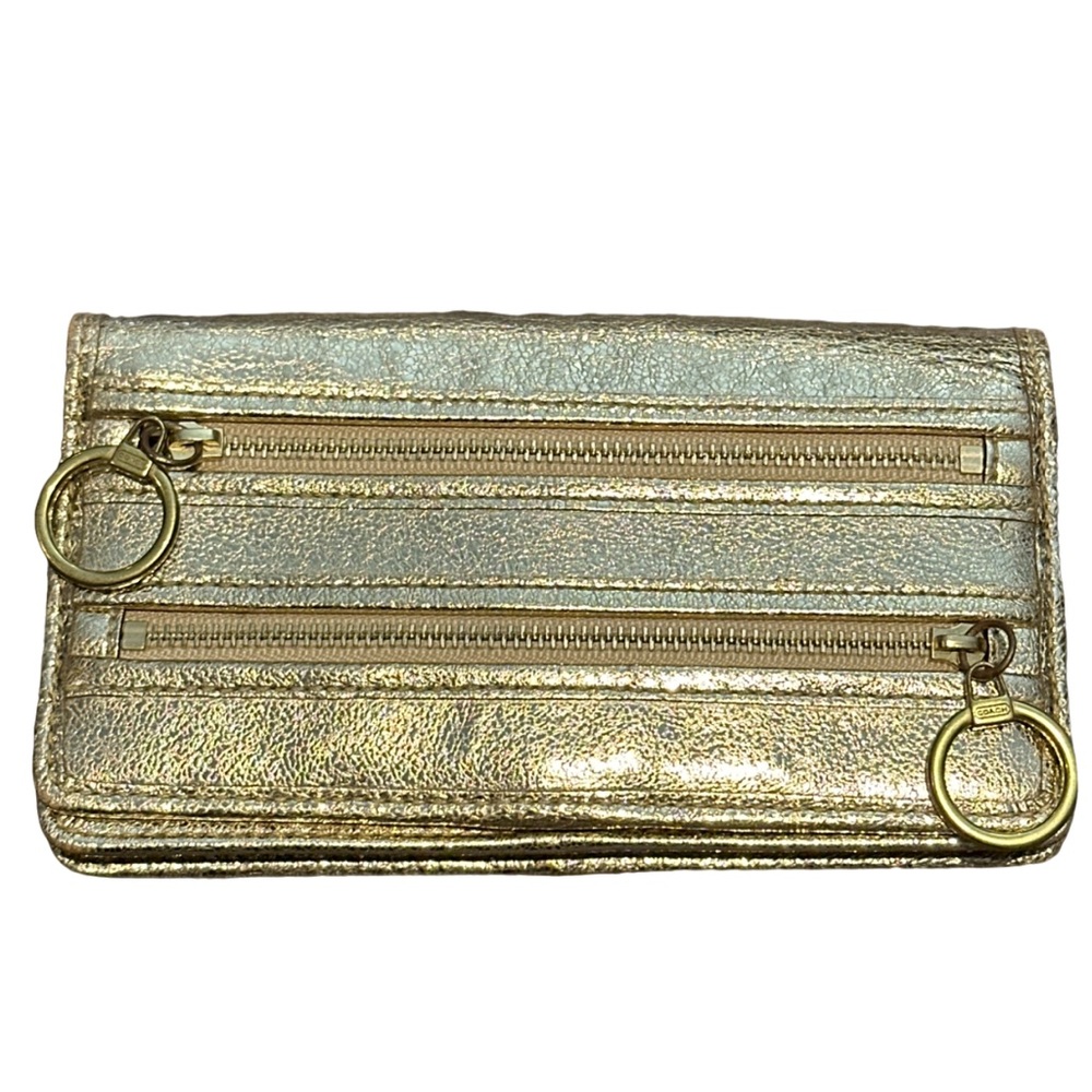 COACH POPPY multi zipper-close pockets, metallic gold leather bi-fold wallet.